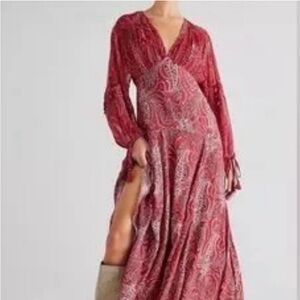 SOLD - Free People Mirage Paisley Maxi Dress Red Empire Waist Back Tie